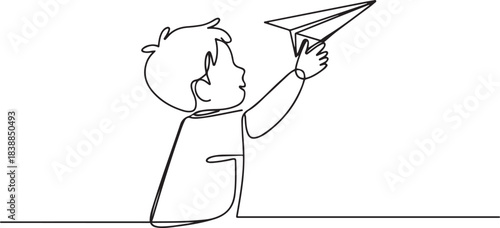 A boy prepares to fly his paper plane. Paper plane one-line drawing. one line Icon drawing