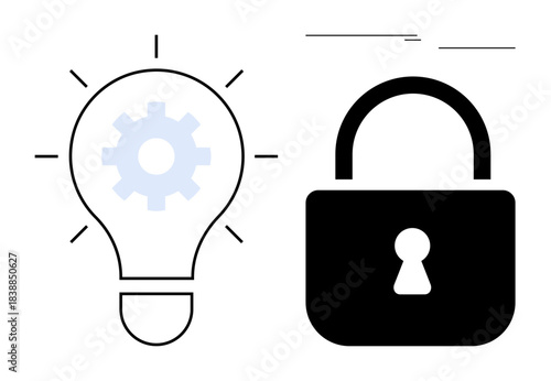 Light bulb with gear symbolizing creativity beside padlock representing security. Ideal for innovation, intellectual property, safety, technology, problem-solving, data protection, simple flat