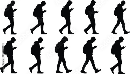 Silhouette illustration of young people walking with backpacks using mobile phones, technology addiction concept, modern lifestyle smartphone distraction scene