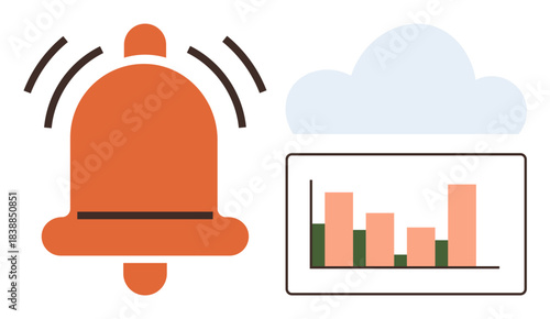 Alert bell symbol with vibrating lines beside a bar chart and cloud shape. Ideal for notification, data analysis, cloud computing, business, technology, mobile apps, simplicity. Simple flat metaphor
