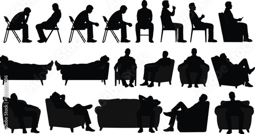 Silhouette of men sitting and relaxing in different chair positions, casual body posture collection, resting, meditation, lounge, waiting, human figure illustration