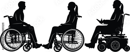 Silhouette of people using manual and electric wheelchairs, disability support, mobility assistance, accessibility inclusion, diverse wheelchair users in healthcare concept illustration