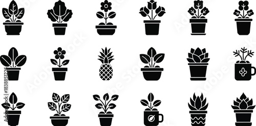 Collection of eighteen black silhouette icons representing potted plants and herbs
