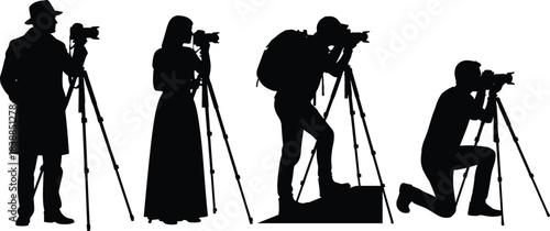 Silhouette photographers with camera tripods capturing photos in different poses, professional photography concept, creative camera operators and equipment illustration artwork