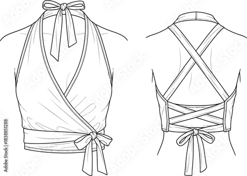 Fashion flat sketch of a women's wrap halter crop top with tie-back detail