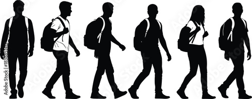 Silhouette sequence of men and women walking with backpacks, student travel journey evolving, modern lifestyle movement illustration for education concept
