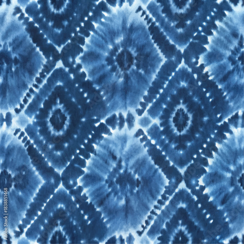 Seamless Indigo Tie-Dye Shibori Pattern on White Silk Hand Painted Batik Background.