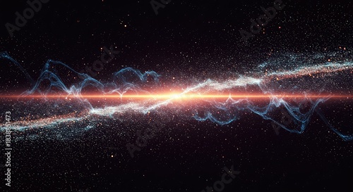Abstract quantum physics background showing energy duality. Glowing particles merge with flowing light waves in a deep space setting ,particle ,futuristic ,abstract