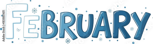 Cute cartoon February text design with icy blue winter theme and snowflakes