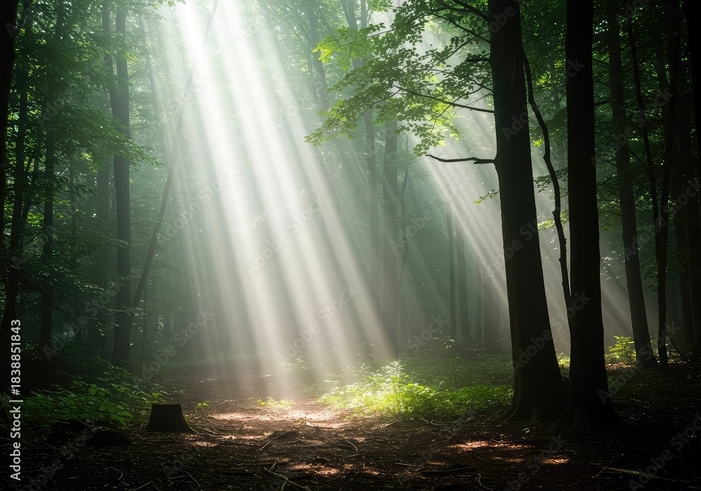 Fototapeta premium Bright shafts of light cutting through misty air, creating striking volumetric patterns in a darkened space or dense natural forest setting ,sunlight ,background ,shafts of light