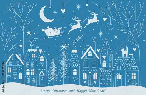 A Christmas street in the city. Santa Claus rides in a sleigh pulled by reindeer across the sky. Winter houses, a Christmas tree, and a park. A panorama of the town and lights in the windows against a