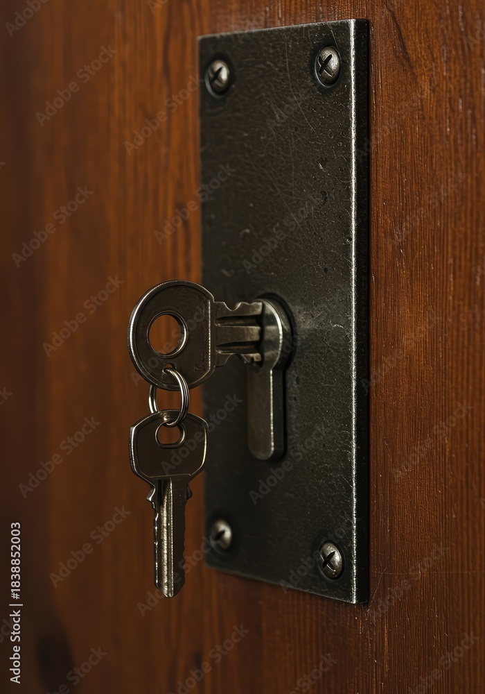 Obraz premium Close up shot of a key turning in an old metal lock mechanism on a heavy wooden door, granting access and symbolizing opportunity ,insert ,entry ,brass