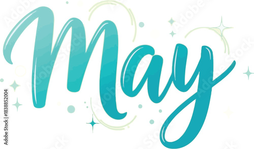 Sparkling turquoise script lettering announces the arrival of the month of May.