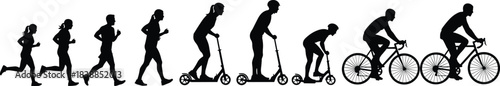 Silhouettes of people running riding kick scooters and bicycles, evolution of transportation mobility concept, healthy outdoor activity fitness lifestyle illustration