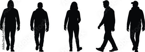 Walking people silhouettes collection, men and women in casual clothing, street style movement poses, urban lifestyle figures isolated vector illustration set