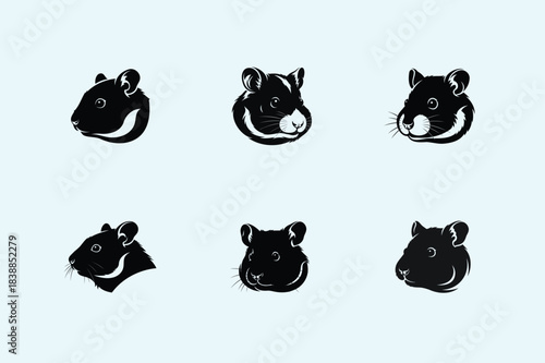 Set of cute chinchilla head illustrations in a minimalist black and white style