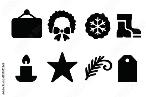 Winter Welcome Icons. Winter Welcome Symbols. Filled icon set of Winter Welcome Symbols: welcome plaque,