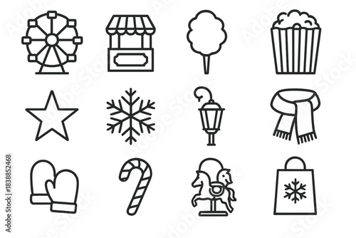 Winter Fair Icons. Nighttime winter fair. Line outline icon set of Nighttime winter fair: ferris wheel, ticket