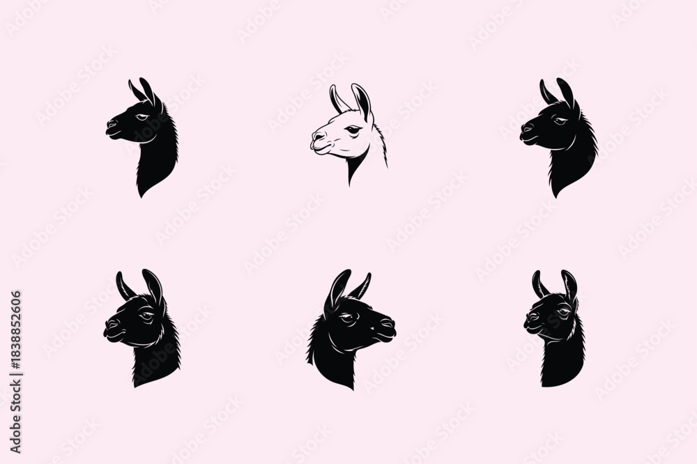 Obraz premium Minimalist black and white alpaca heads arranged in a repeating pattern on a pink background