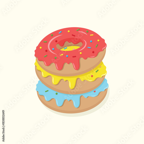 Cute colourful donuts with different icing. Sweet dessert food vector illustration.