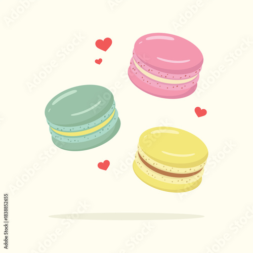 Cute colourful macarons and little hearts, sweet French dessert vector illustration.