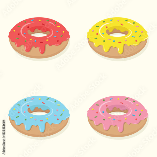 Cute colourful donuts with different icing. Sweet dessert food vector illustration.