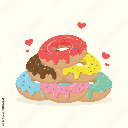 Cute colourful donuts with different icing and little hearts around. Sweet dessert food vector illustration.
