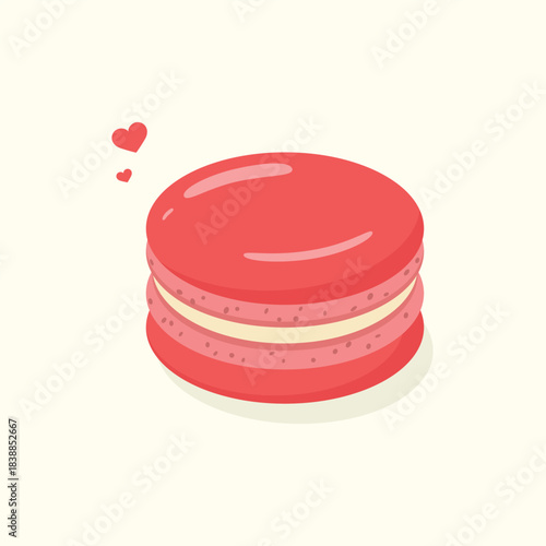 Cute colourful macaron and little hearts, sweet French dessert vector illustration.