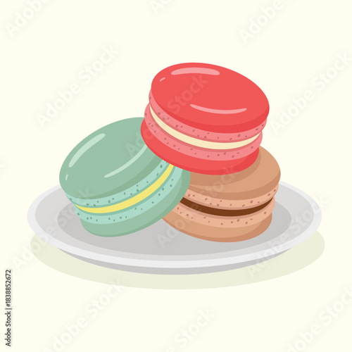 Cute colourful macarons on plate, sweet French dessert vector illustration.
