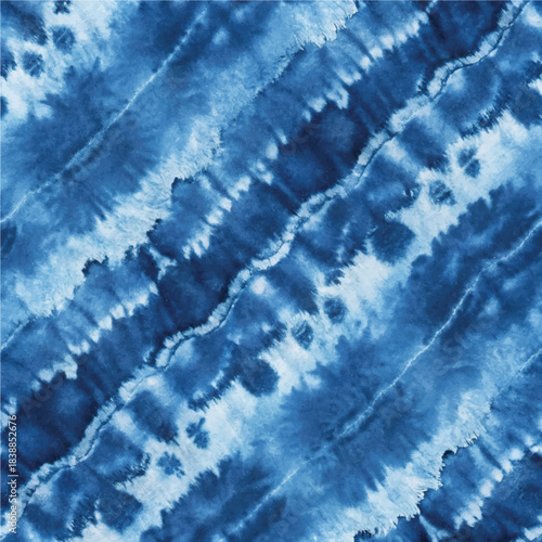 Seamless Indigo Tie-Dye Shibori Pattern on White Silk Hand Painted Batik Background.