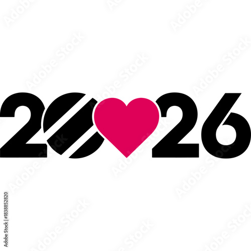 Year 2026 with a pink heart replacing the zero, isolated graphic element Vector