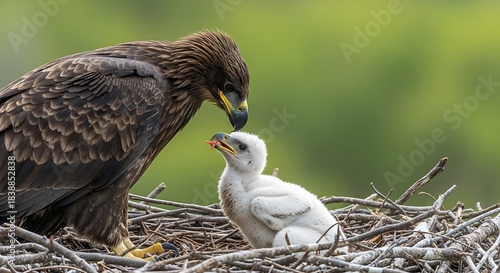 Mother eagle feeding her chick in a nest