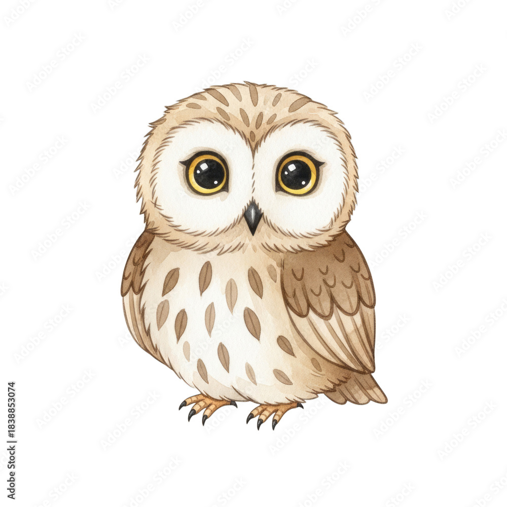 Fototapeta premium Watercolor Cute cartoon owl with big yellow eyes isolated on a transparent background