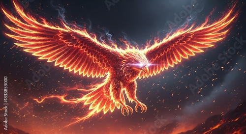 Majestic fiery phoenix spreading its wings in cosmic darkness