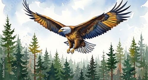 Majestic eagle soaring over a dense pine forest under a cloudy sky