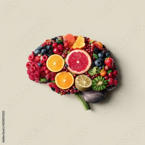 Brain made of various fresh fruits healthy eating
