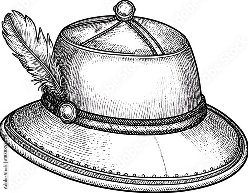 A detailed monochrome drawing of a traditional hat with a feather and circular embellishments