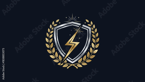 Silver Shield with Golden Lightning Bolt and Laurel Wreath on Dark Background