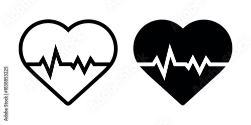 Heartbeat Pulse Heart icon set. Solid black and line stroke vector illustration