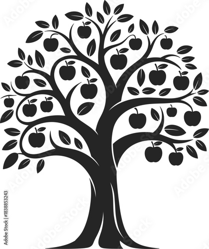 Silhouette of an apple tree with ripe fruit and leaves branches