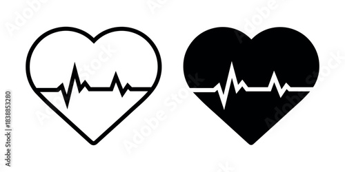 Heartbeat pulse line heart icon set black and white medical vector design