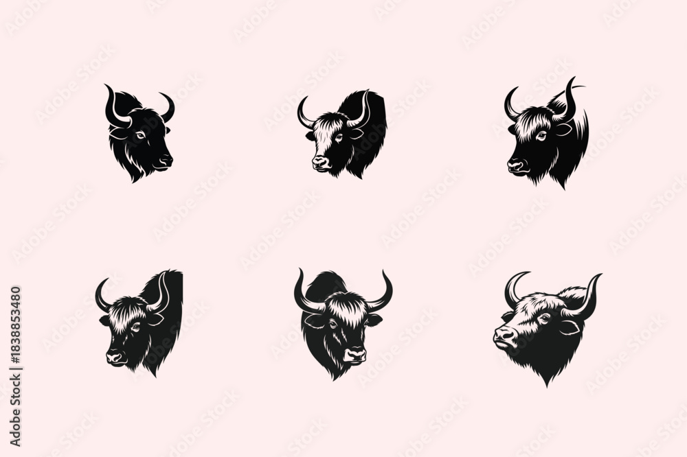 Fototapeta premium Seamless pattern of black buffalo silhouettes on a pale pink background