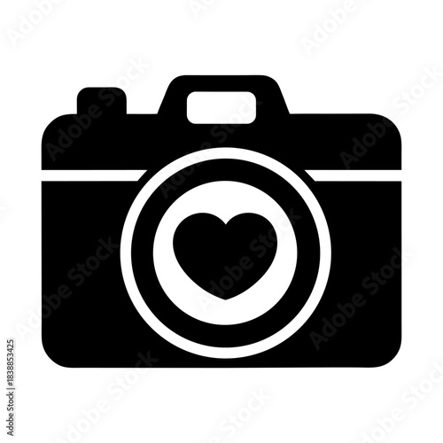 Romantic Camera Symbol with Heart Lens on White.