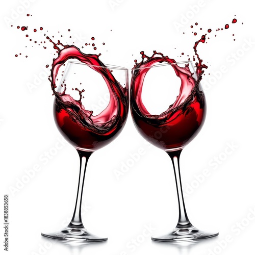 Two wine glasses clinking with red wine splashing dynamically on white background