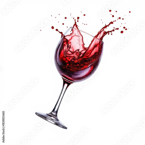 Red wine splashing dynamically from a wine glass isolated on white background creating an energetic and celebratory mood