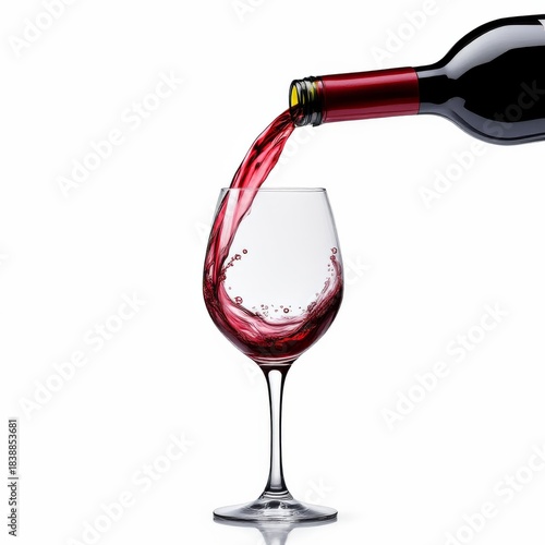 Red wine pouring into a crystal glass creating a dynamic swirl on white background