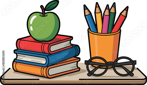 Stack of books with an apple and colored pencils and glasses education