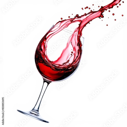 Red wine splashing dynamically out of a clear glass on white background