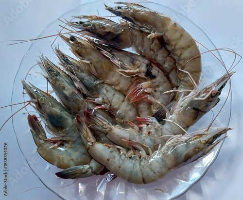 Fresh Raw Prawns Arranged on Clear Plate with Natural Light Top View