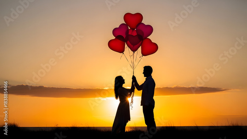 Silhouetted couple holding red heart shaped balloons during a vibrant golden hour sunset